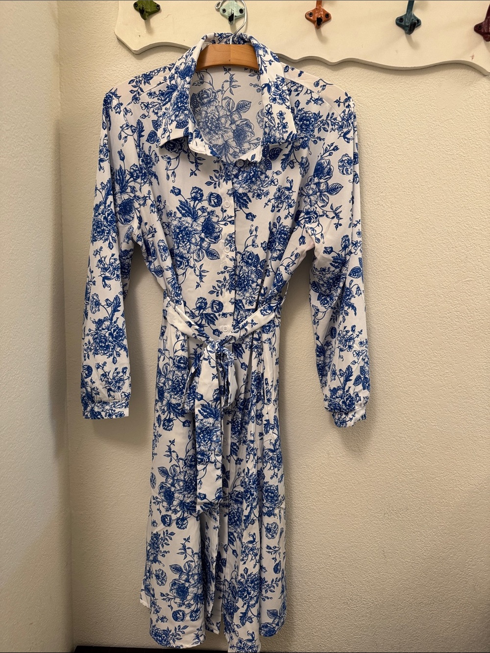 BloomChic Blue and White Floral Shirt Midi Dress with Waist Tie